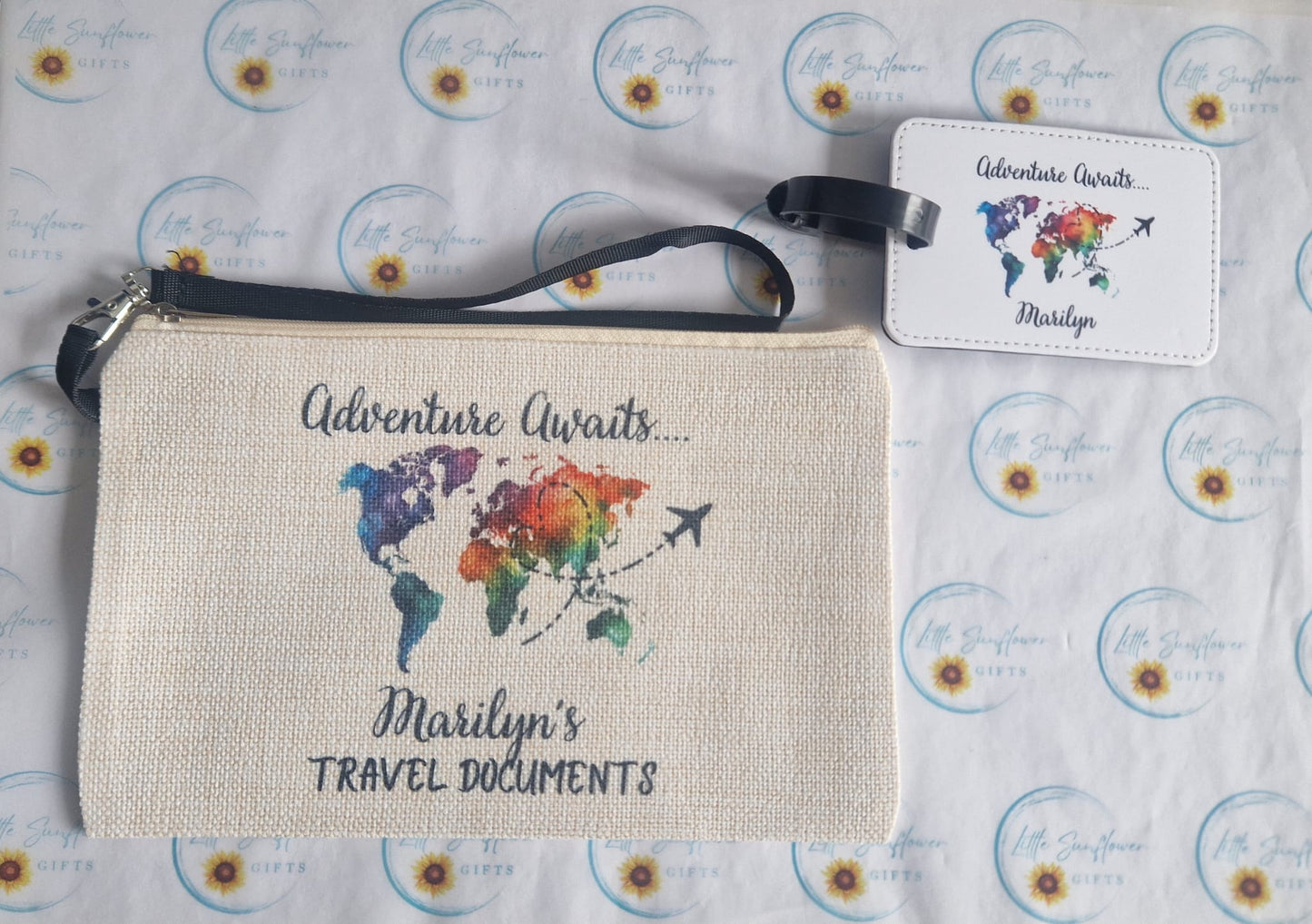 Personalised PU leather luggage tag and linen travel pouch with a world map design