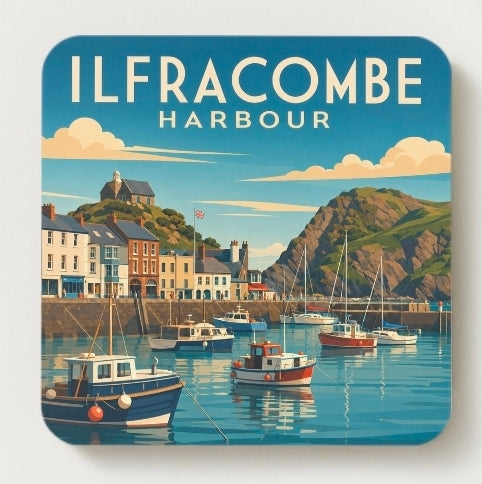 Ilfracombe Harbour, Devon travel poster inspired coaster