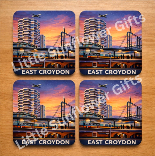 East Croydon Art travel poster inspired coasters