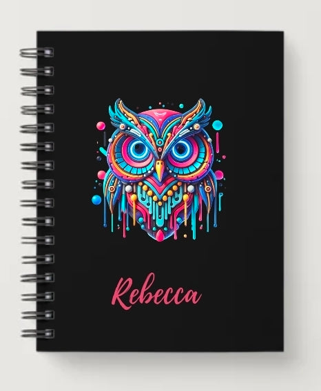 Personalised neon owl design A5 notebook