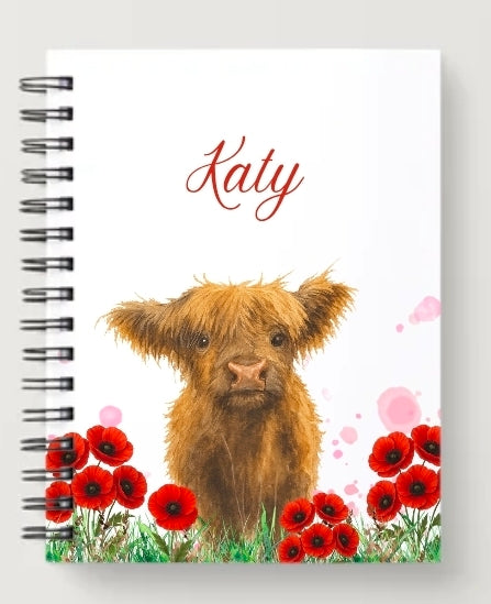 Highland cow and poppies A5 notebook