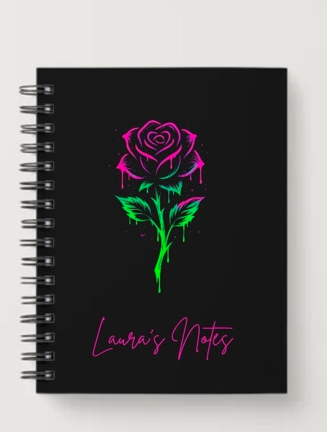 Personalised neon dripped rose design A5 notebook