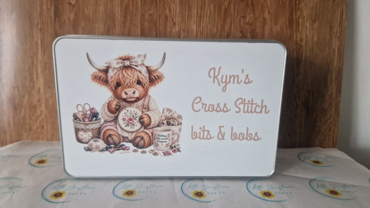 Metal tin with crafty Highland cow design