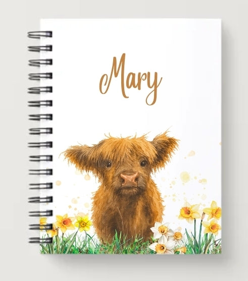 Highland cow and daffodils A5 notebook