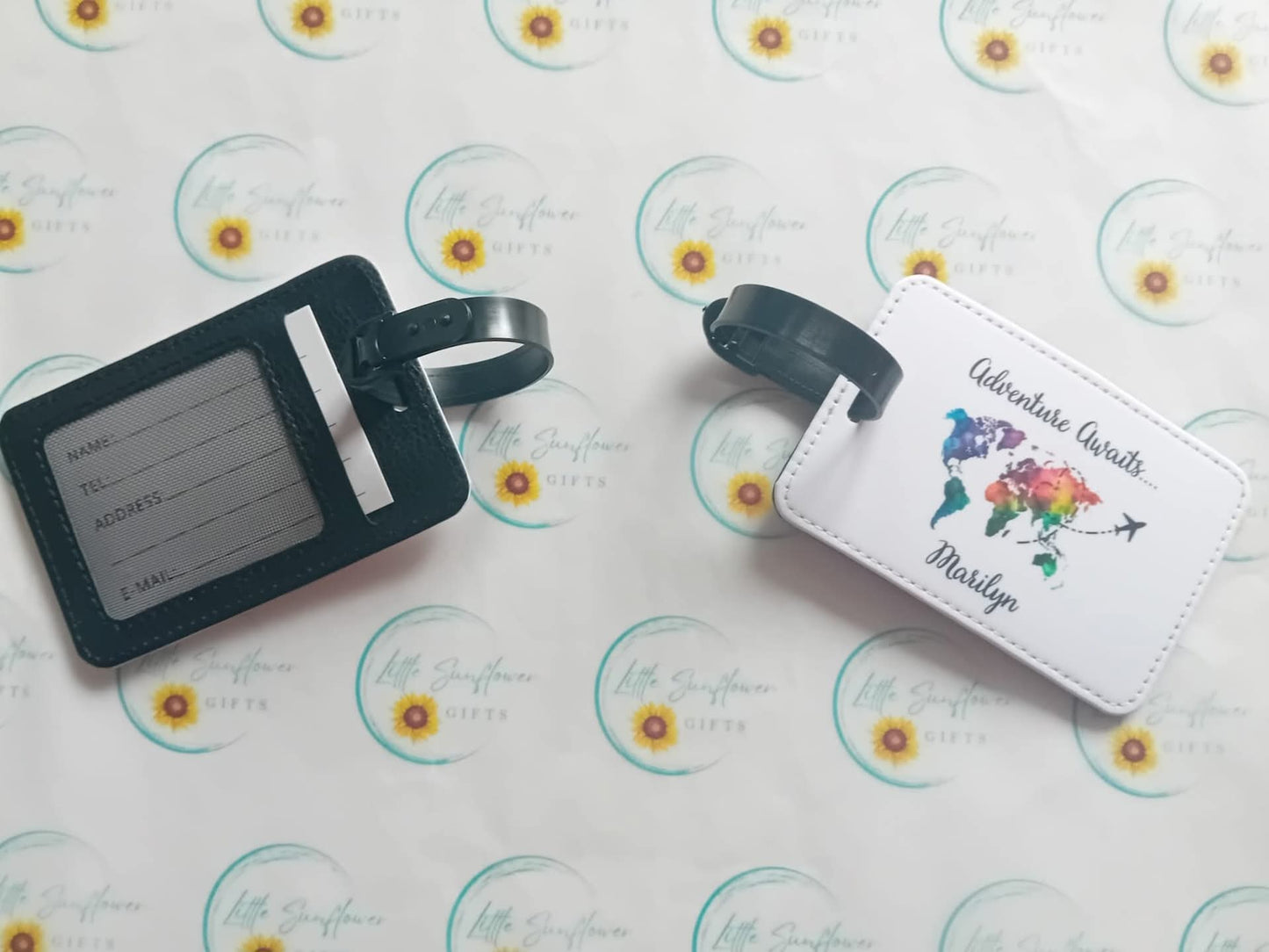 Personalised PU leather luggage tag and linen travel pouch with a world map design